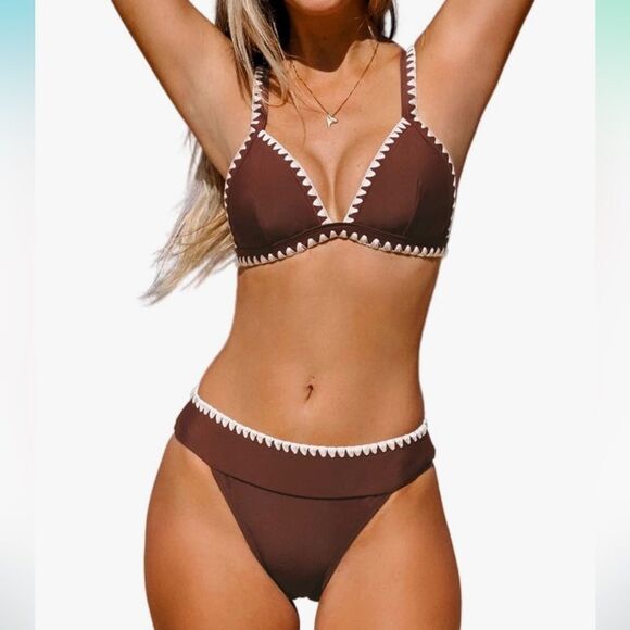 New CUPSHE Brown Bikini Set Triangle Top Mid Waist Adjustable Straps Halter, S - Picture 1 of 4